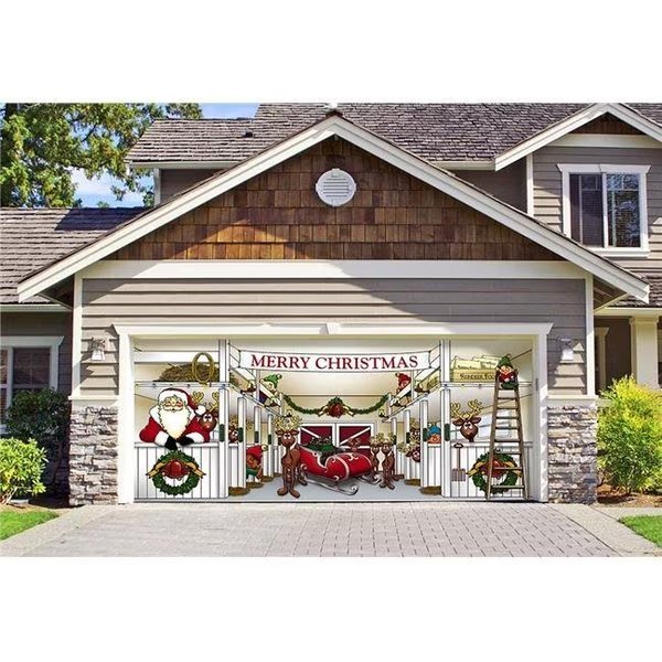 My Door Decor 285905XMAS-002 7 x16 ft. Huge Santas Reindeer Barn Outdoor Christmas Holiday Door Banner Decor; Multi Color, My Door Decor, Mfr#: 285905XMAS-002